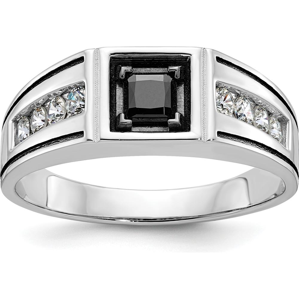 14K White Gold Men's Satin Ring with Black and White Diamonds - 0.65 Carats Total Diamond Weight by IBGoodman