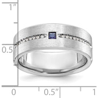 14K White Gold Men's Satin Ring with Lab Created Sapphire and 1/8 Carat Diamonds by IBGoodman