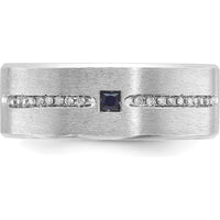14K White Gold Men's Satin Ring with Lab Created Sapphire and 1/8 Carat Diamonds by IBGoodman