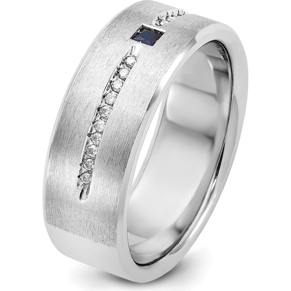 14K White Gold Men's Satin Ring with Lab Created Sapphire and 1/8 Carat Diamonds by IBGoodman