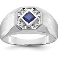 14K White Gold Men's Satin Ring with Square Sapphire and Diamond Accents by IBGoodman