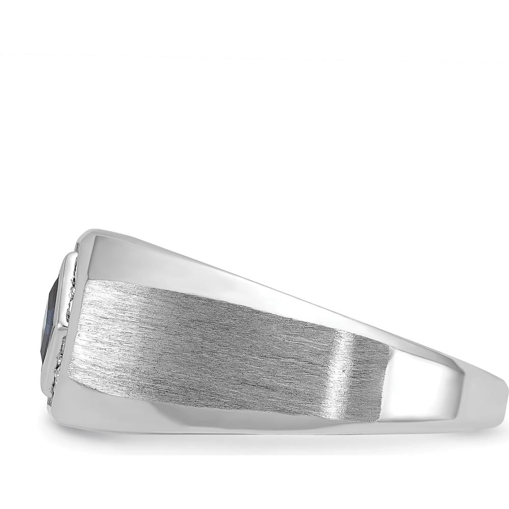 14K White Gold Men's Satin Ring with Square Sapphire and Diamond Accents by IBGoodman