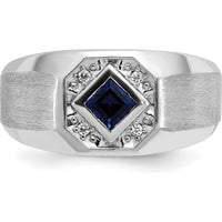 14K White Gold Men's Satin Ring with Square Sapphire and Diamond Accents by IBGoodman
