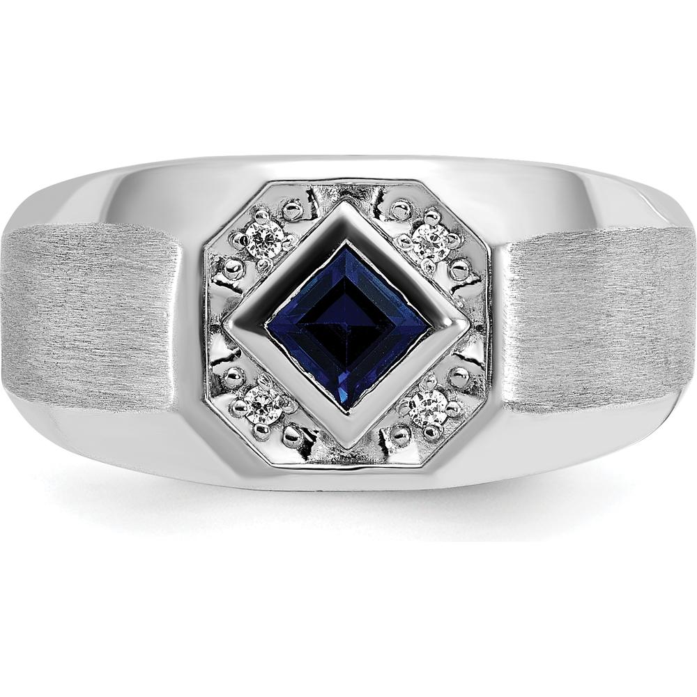 14K White Gold Men's Satin Ring with Square Sapphire and Diamond Accents by IBGoodman