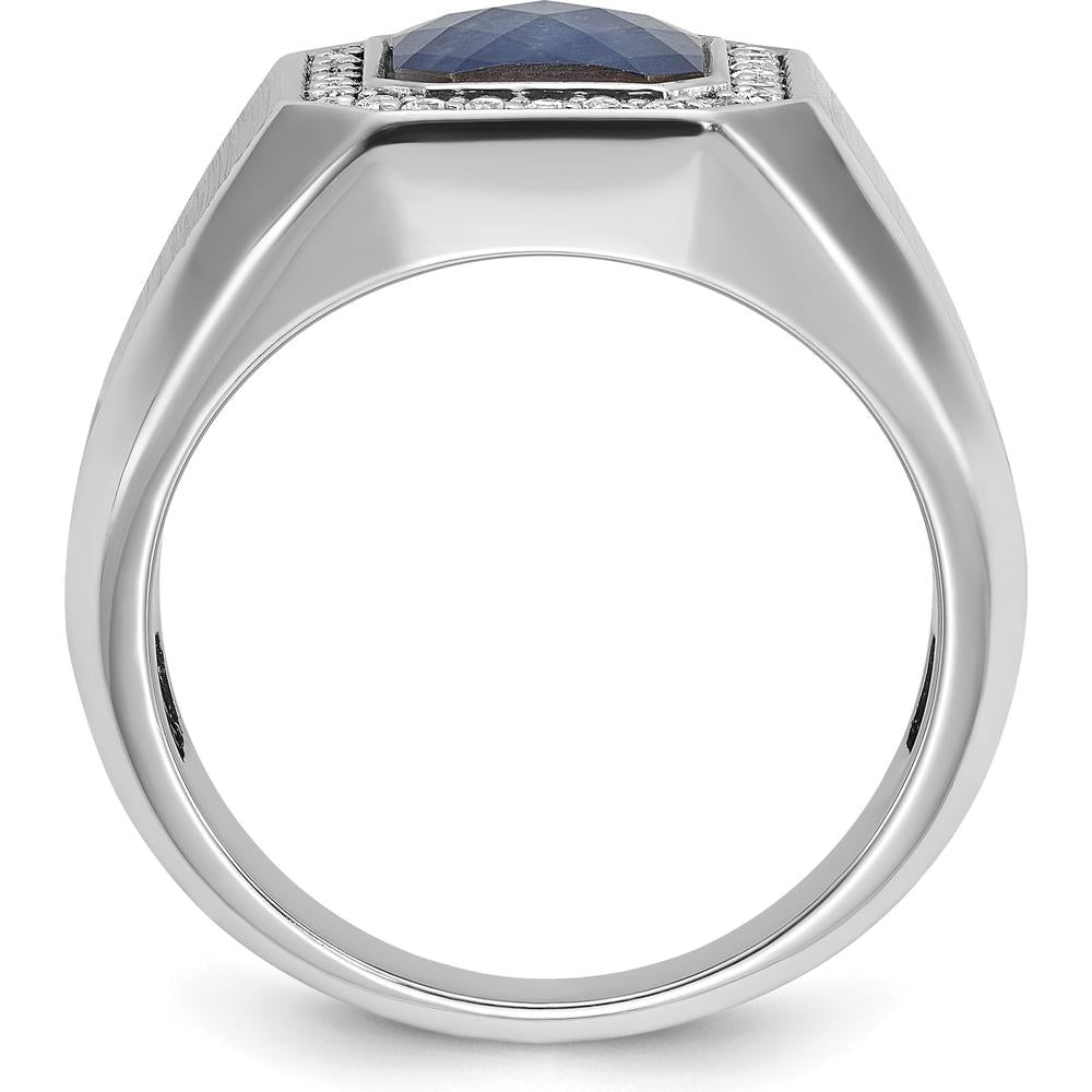 14K White Gold Men's Satin Sapphire Doublet Stone with Diamond Halo Ring - 1/4 Carat Total Diamond Weight by IBGoodman