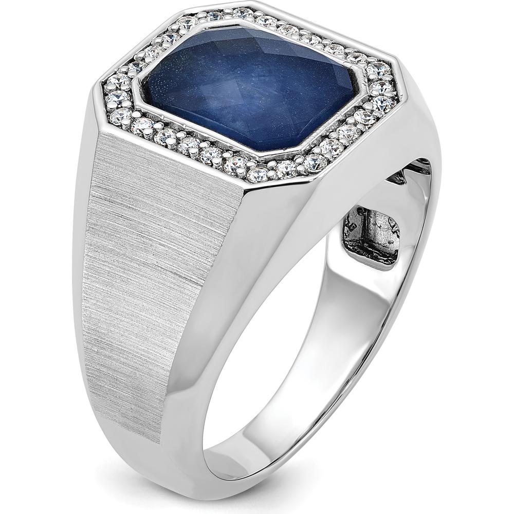 14K White Gold Men's Satin Sapphire Doublet Stone with Diamond Halo Ring - 1/4 Carat Total Diamond Weight by IBGoodman