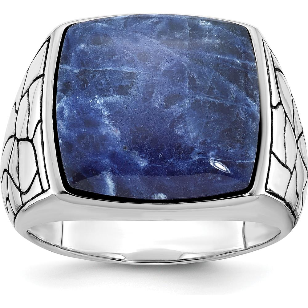 14K White Gold Men's Sodalite Ring with Textured Design by IBGoodman