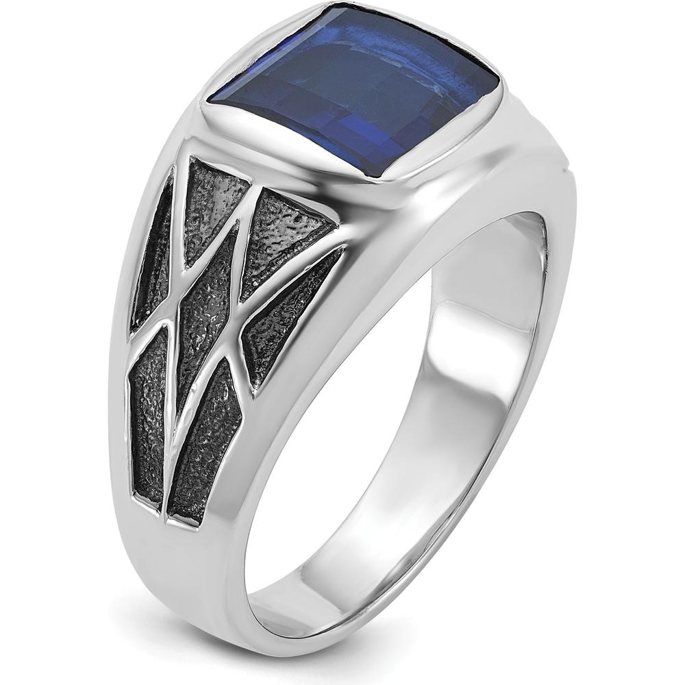 14K White Gold Men's Square-Cut Sapphire Gemstone Ring with Rhodium Plating by IBGoodman