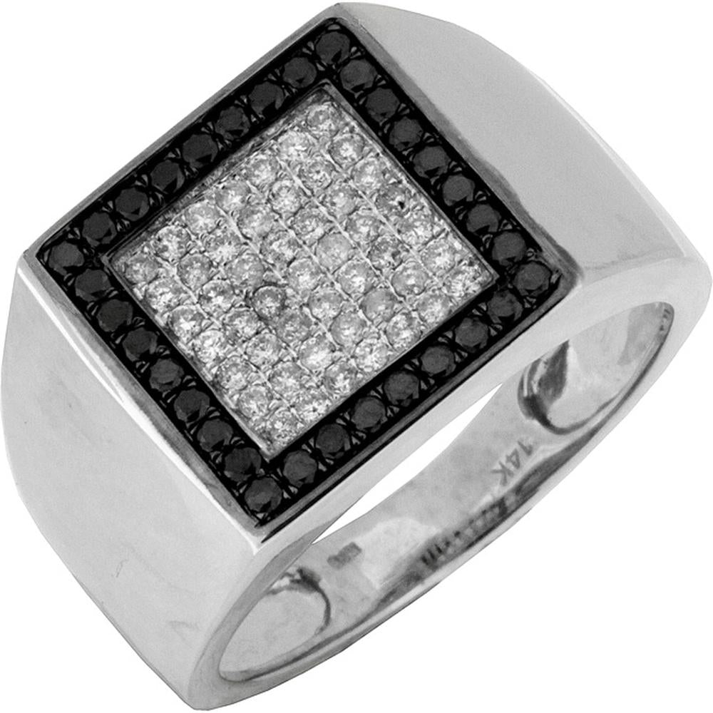 14K White Gold Men's Square Halo Ring with Pavé Set Round White and Black Diamonds - 0.72 Carat Total Diamond Weight - Royal Jewelry