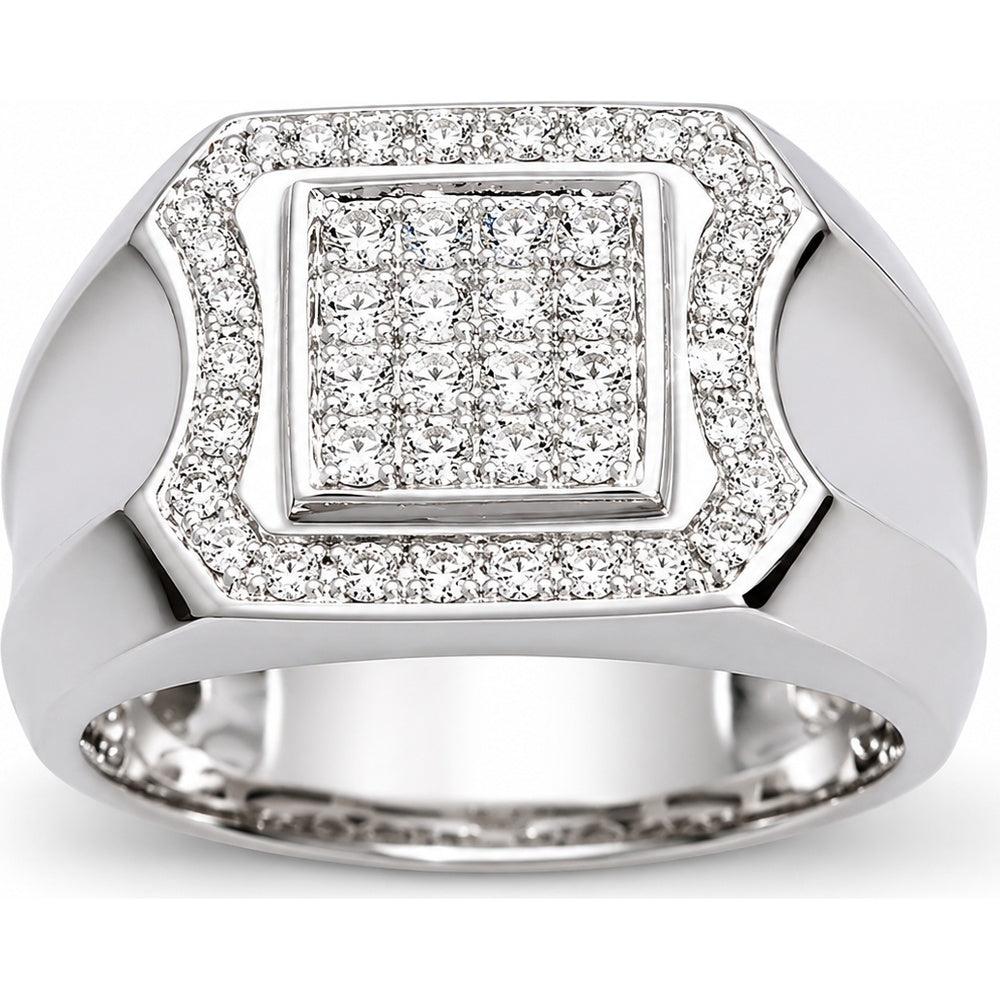 14K White Gold Men's Square Signet Ring with Pavé Set Round Diamond Cluster and Halo - 0.55 Carat Total Diamond Weight by Auriventus