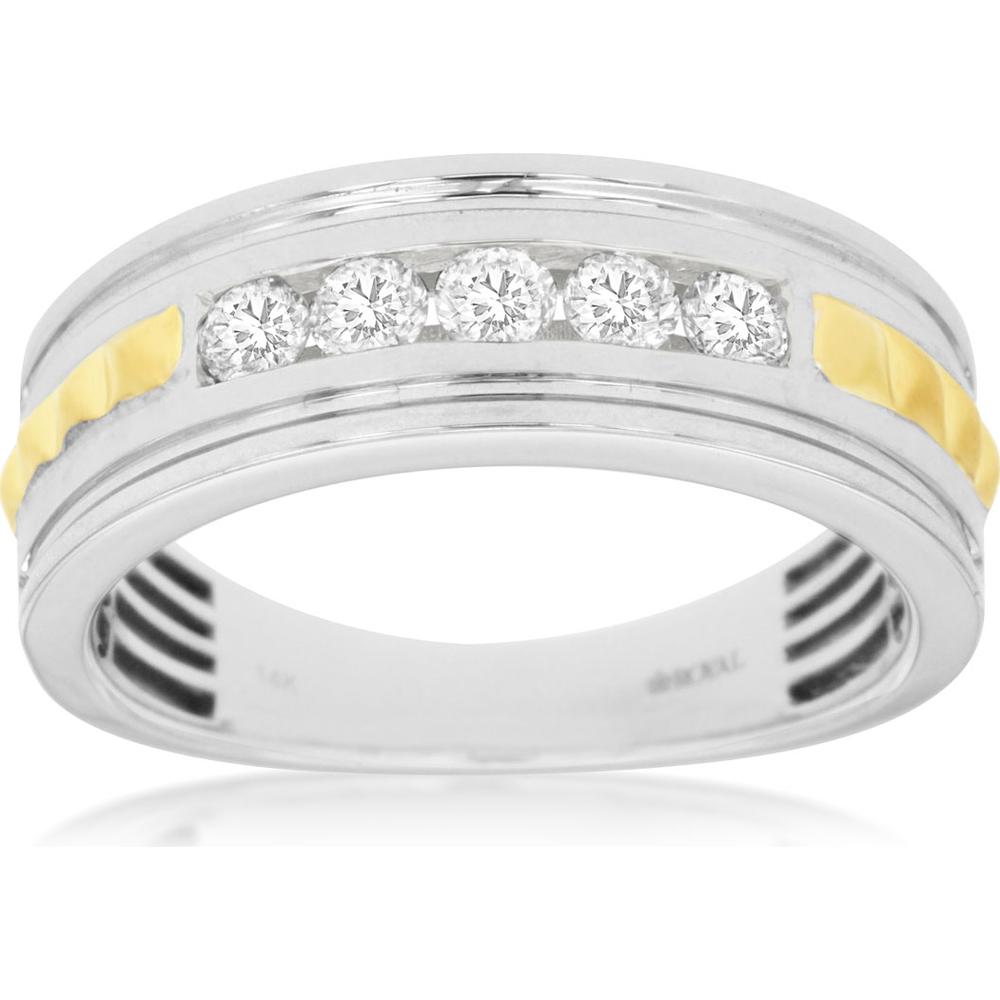 14K White Gold Men's Wedding Band with Round Diamonds and Yellow Gold Accents - 0.50 Carats Total Diamond Weight