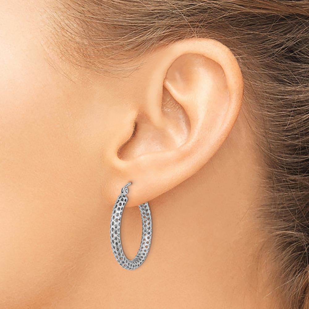 14K White Gold Mesh Hoop Earrings with Diamond-Cut Texture - 27.19mm by 0