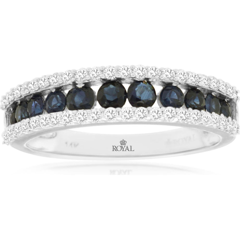 14K White Gold Milgrain Band with Channel-Set Round Sapphires and Diamond Borders - 0.90 Carat Sapphire and 0.38 Carat Diamond Total Weight - Royal Jewelry