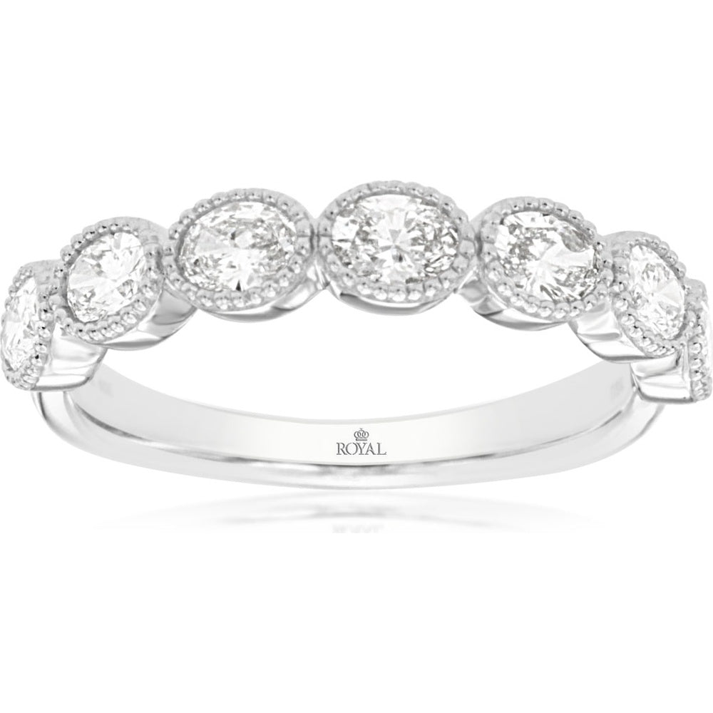 14K White Gold Milgrain Bezel Band with Five Oval Cut Diamonds - 0.87 Carat Total Diamond Weight - Royal Jewelry