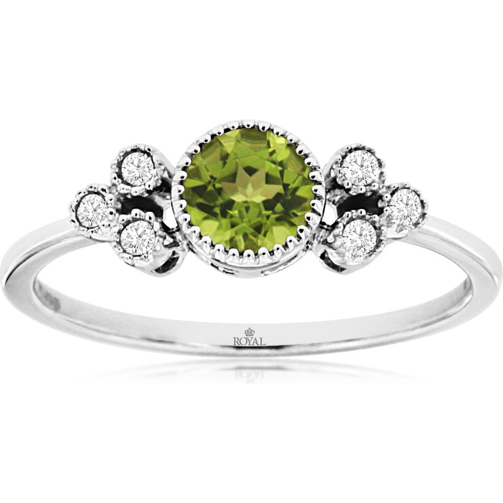 14K White Gold Milgrain Bezel Ring with Round Peridot and Diamond Accents - 0.50 Carat Peridot and 0.07 Carat Total Diamond Weight - Royal Jewelry