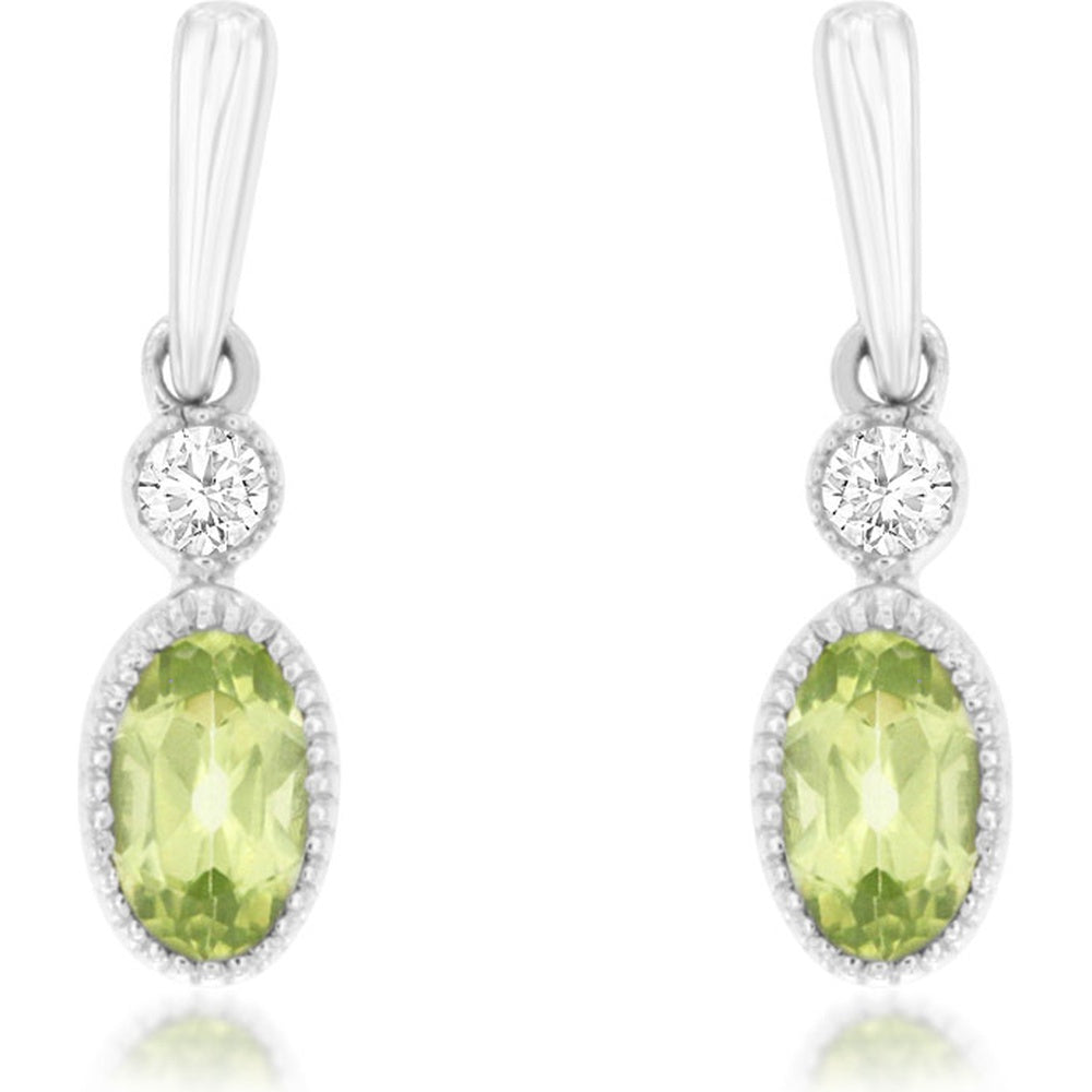 14K White Gold Milgrain Drop Earrings with Oval Peridot and Round Diamond Accents - 0.25 Carat Total Peridot Weight and 0.05 Carat Total Diamond Weight - Royal Jewelry