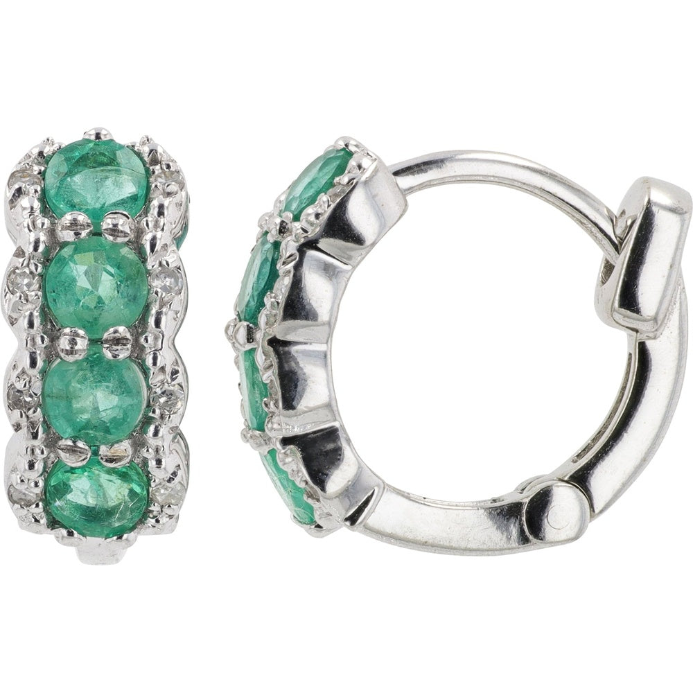 14K White Gold Milgrain Edge Medium Hoop Earrings with Round Cut Emeralds and Diamond Accents - 0.88 Carat Total Emerald Weight