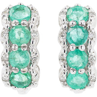 14K White Gold Milgrain Edge Medium Hoop Earrings with Round Cut Emeralds and Diamond Accents - 0.88 Carat Total Emerald Weight