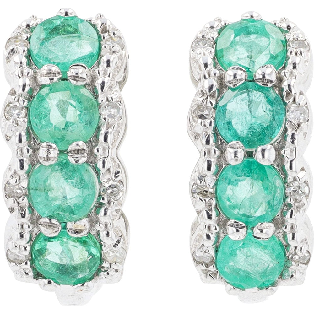 14K White Gold Milgrain Edge Medium Hoop Earrings with Round Cut Emeralds and Diamond Accents - 0.88 Carat Total Emerald Weight