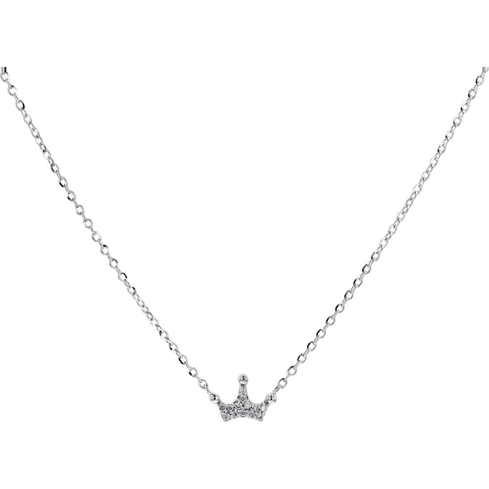 14K White Gold Mini Crown Pendant with Pavé-Set Diamonds on Adjustable Chain - 0.033 Carats Total Diamond Weight