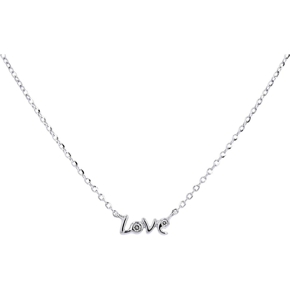 14K White Gold Mini 'Love' Necklace with Diamond Accent - 0.01 Carat Total Diamond Weight