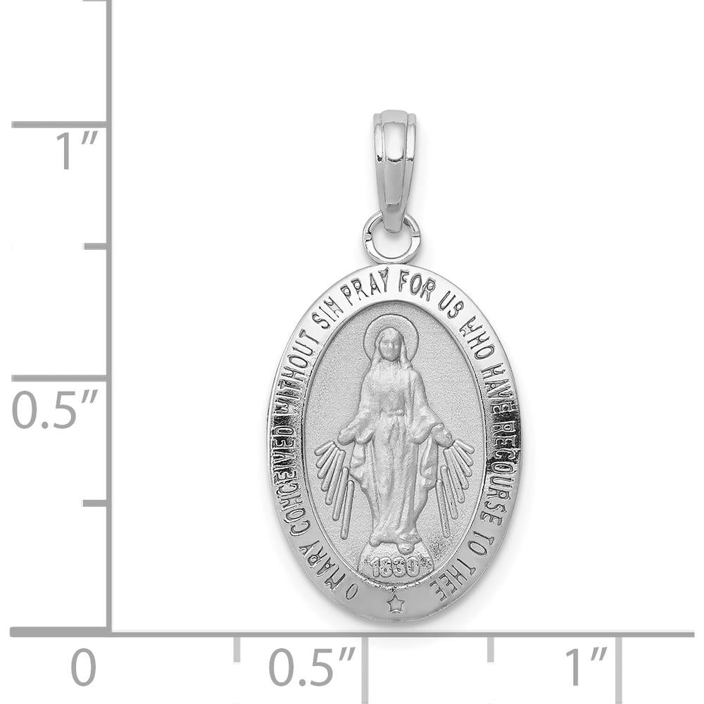 14K White Gold Miraculous Medal Oval Pendant with Satin and Polished Finish by Oro Pregiato