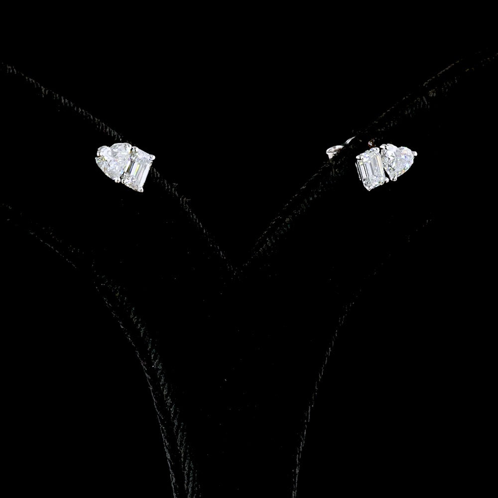 14K White Gold Mismatched Heart & Emerald Cut Lab Diamond Stud Earrings - 1.53 Carats Total Diamond Weight - Covaloro Fine Jewelry