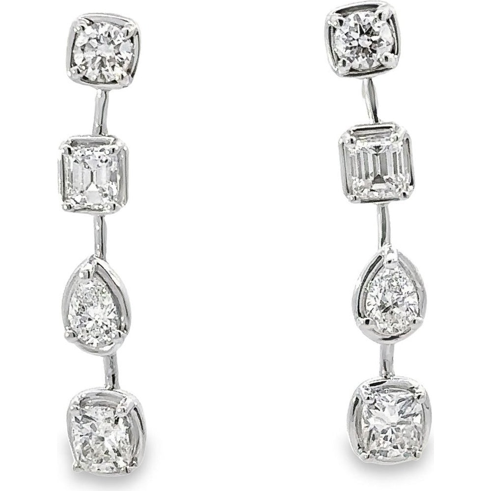 14K White Gold Mixed-Cut Diamond Dangle Earrings with Cushion, Emerald, and Pear Shapes - 2.75 Carat Total Diamond Weight by Auriventus