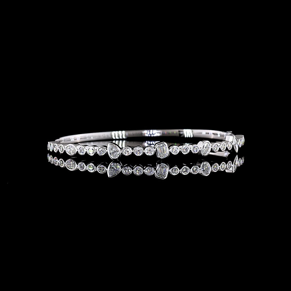 14K White Gold Mixed Shape Bangle Bracelet with Bezel Set Marquise, Pear, and Round Lab Diamonds - 1.52 Carats Total Diamond Weight - Covaloro Fine Jewelry