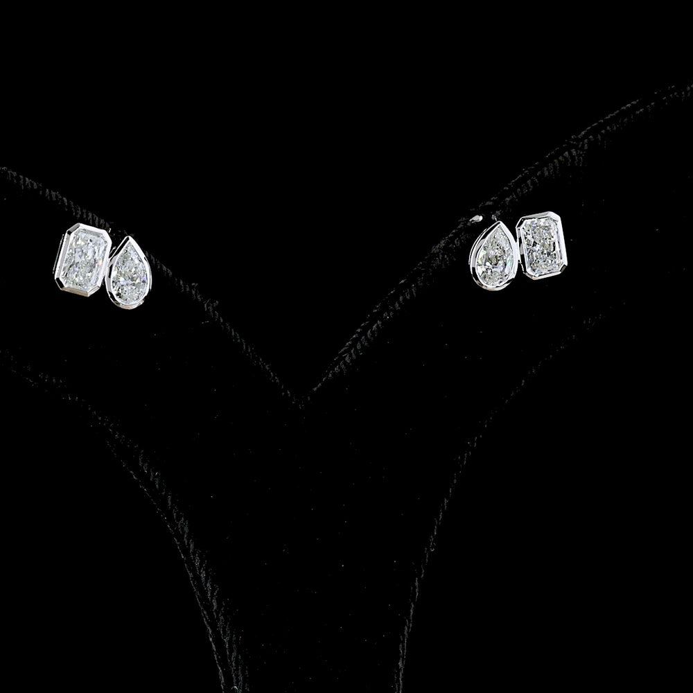 14K White Gold Mixed Shape Bezel Set Stud Earrings featuring Pear and Radiant Cut Lab Diamonds - 1.70 Carat Total Weight - Covaloro Fine Jewelry
