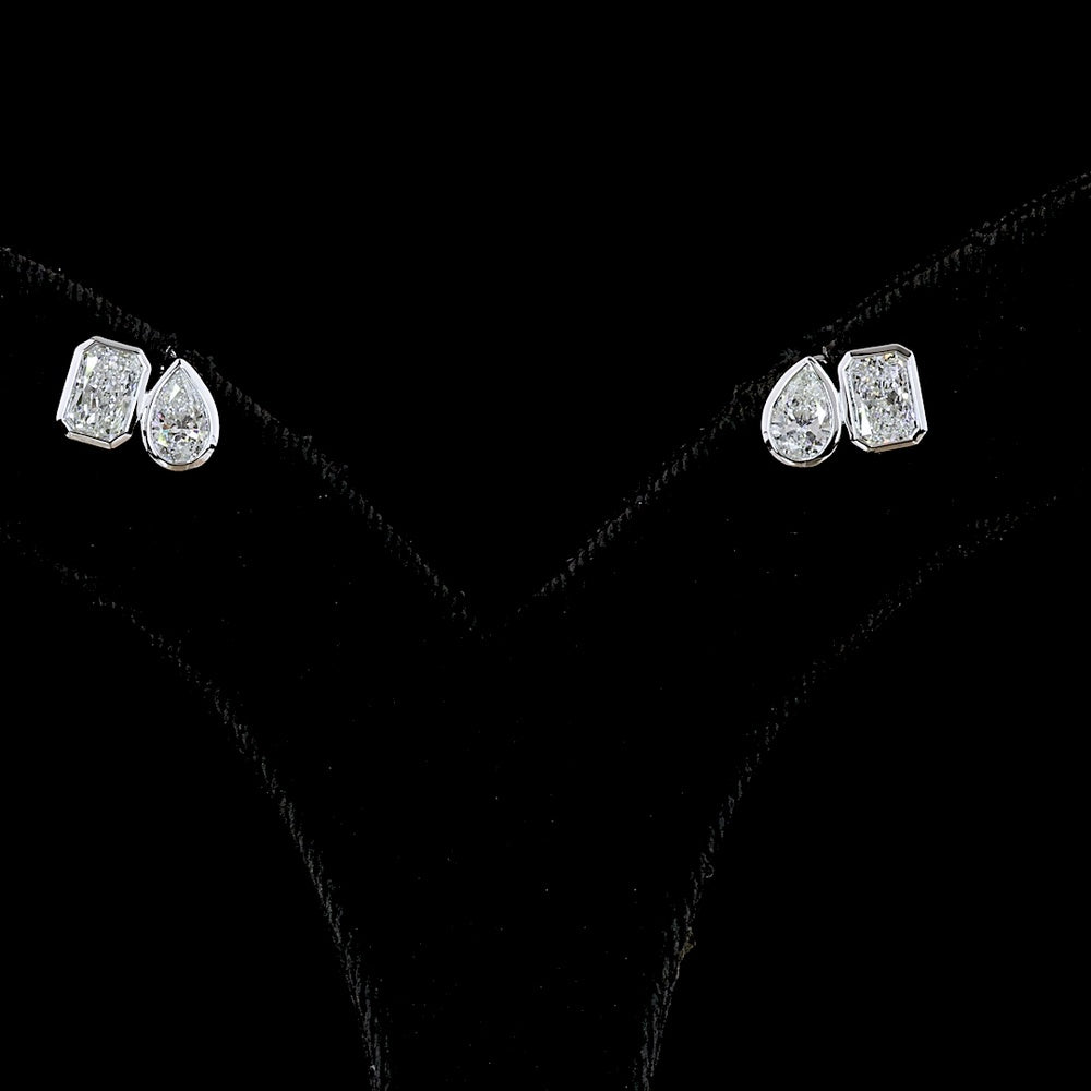 14K White Gold Mixed Shape Bezel Set Stud Earrings featuring Pear and Radiant Cut Lab Diamonds - 1.70 Carat Total Weight - Covaloro Fine Jewelry