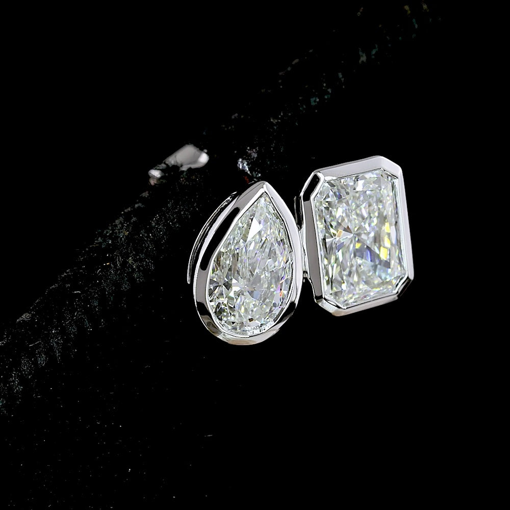 14K White Gold Mixed Shape Bezel Set Stud Earrings featuring Pear and Radiant Cut Lab Diamonds - 1.70 Carat Total Weight - Covaloro Fine Jewelry
