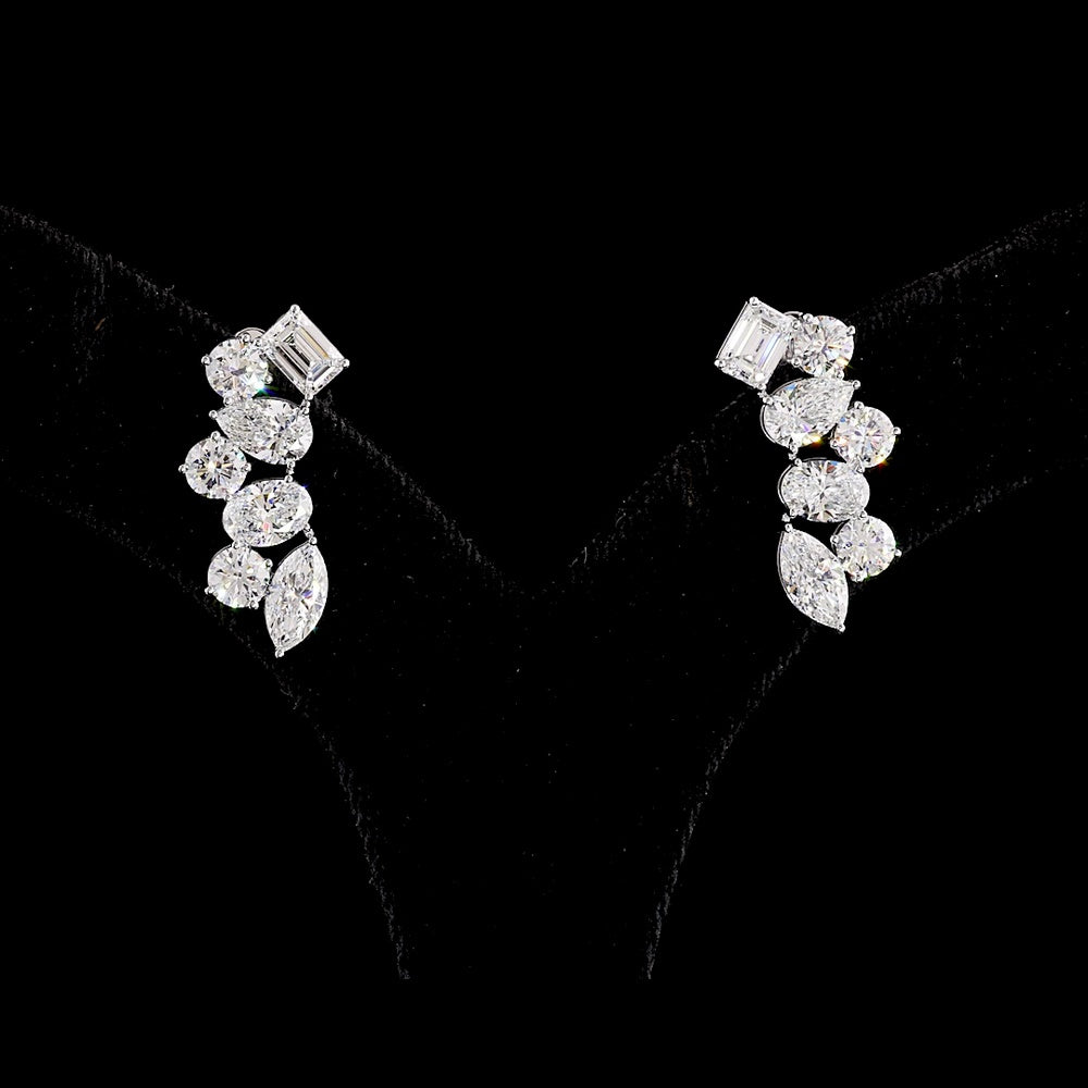 14K White Gold Mixed Shape Crawler Earrings with Emerald, Pear, Oval, Marquise & Brilliant Cut Lab Diamonds - 5.98 Carats Total Diamond Weight - Covaloro Fine Jewelry