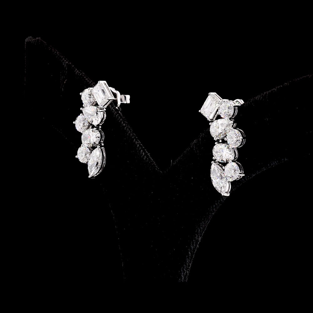 14K White Gold Mixed Shape Crawler Earrings with Emerald, Pear, Oval, Marquise & Brilliant Cut Lab Diamonds - 5.98 Carats Total Diamond Weight - Covaloro Fine Jewelry