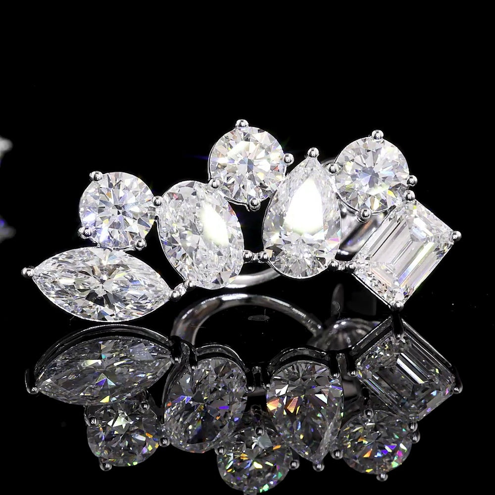 14K White Gold Mixed Shape Crawler Earrings with Emerald, Pear, Oval, Marquise & Brilliant Cut Lab Diamonds - 5.98 Carats Total Diamond Weight - Covaloro Fine Jewelry