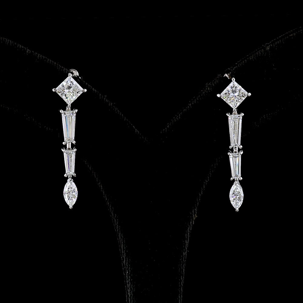 14K White Gold Mixed Shape Dangle Earrings with Princess, Tapered Baguette, and Marquise Lab Diamonds - 4.66 Total Carat Weight - Covaloro Fine Jewelry