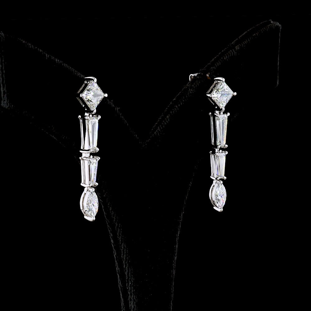14K White Gold Mixed Shape Dangle Earrings with Princess, Tapered Baguette, and Marquise Lab Diamonds - 4.66 Total Carat Weight - Covaloro Fine Jewelry