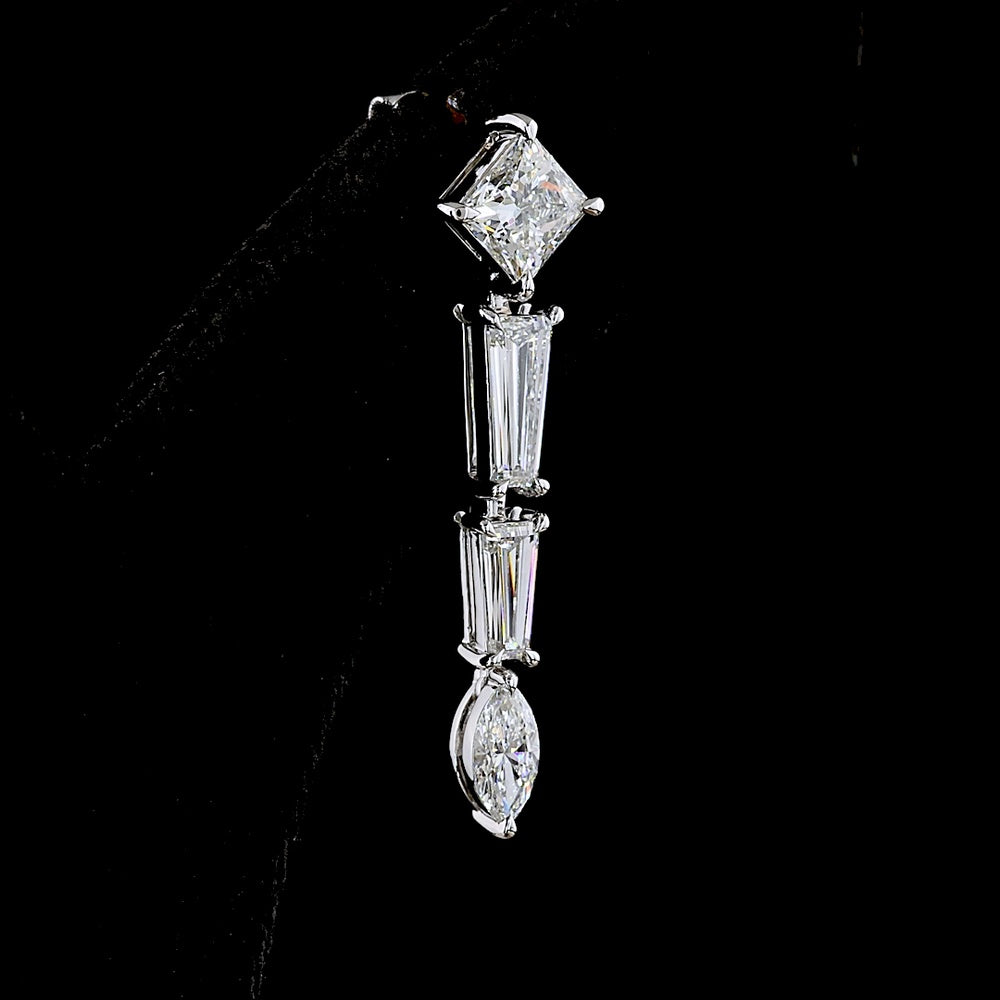 14K White Gold Mixed Shape Dangle Earrings with Princess, Tapered Baguette, and Marquise Lab Diamonds - 4.66 Total Carat Weight - Covaloro Fine Jewelry