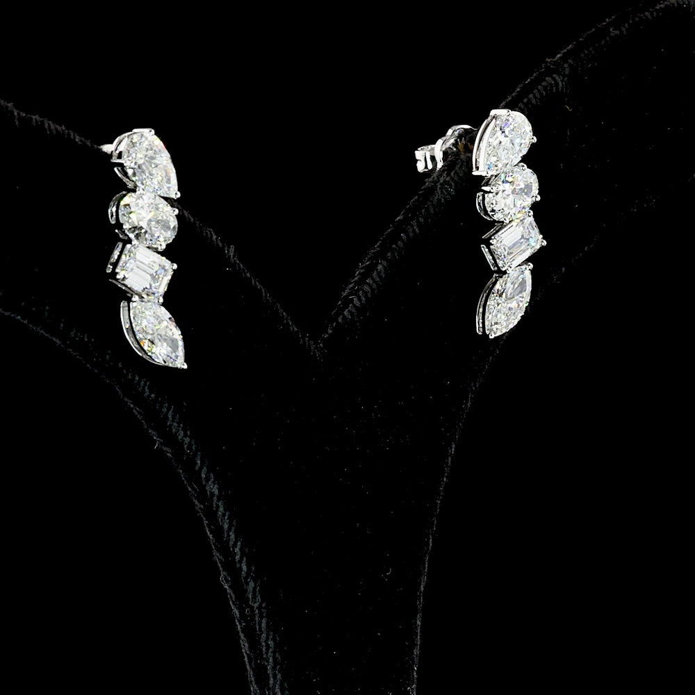 14K White Gold Mixed Shape Diamond Crawler Earrings with Pear, Oval, Emerald, and Marquise Cut Lab Diamonds - 4.10 Carat Total Diamond Weight - Covaloro Fine Jewelry
