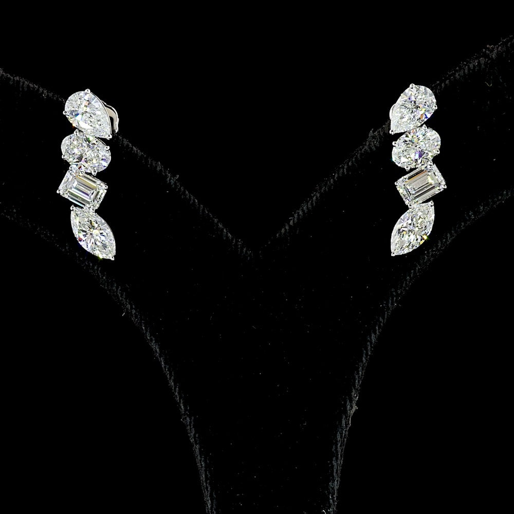 14K White Gold Mixed Shape Diamond Crawler Earrings with Pear, Oval, Emerald, and Marquise Cut Lab Diamonds - 4.10 Carat Total Diamond Weight - Covaloro Fine Jewelry