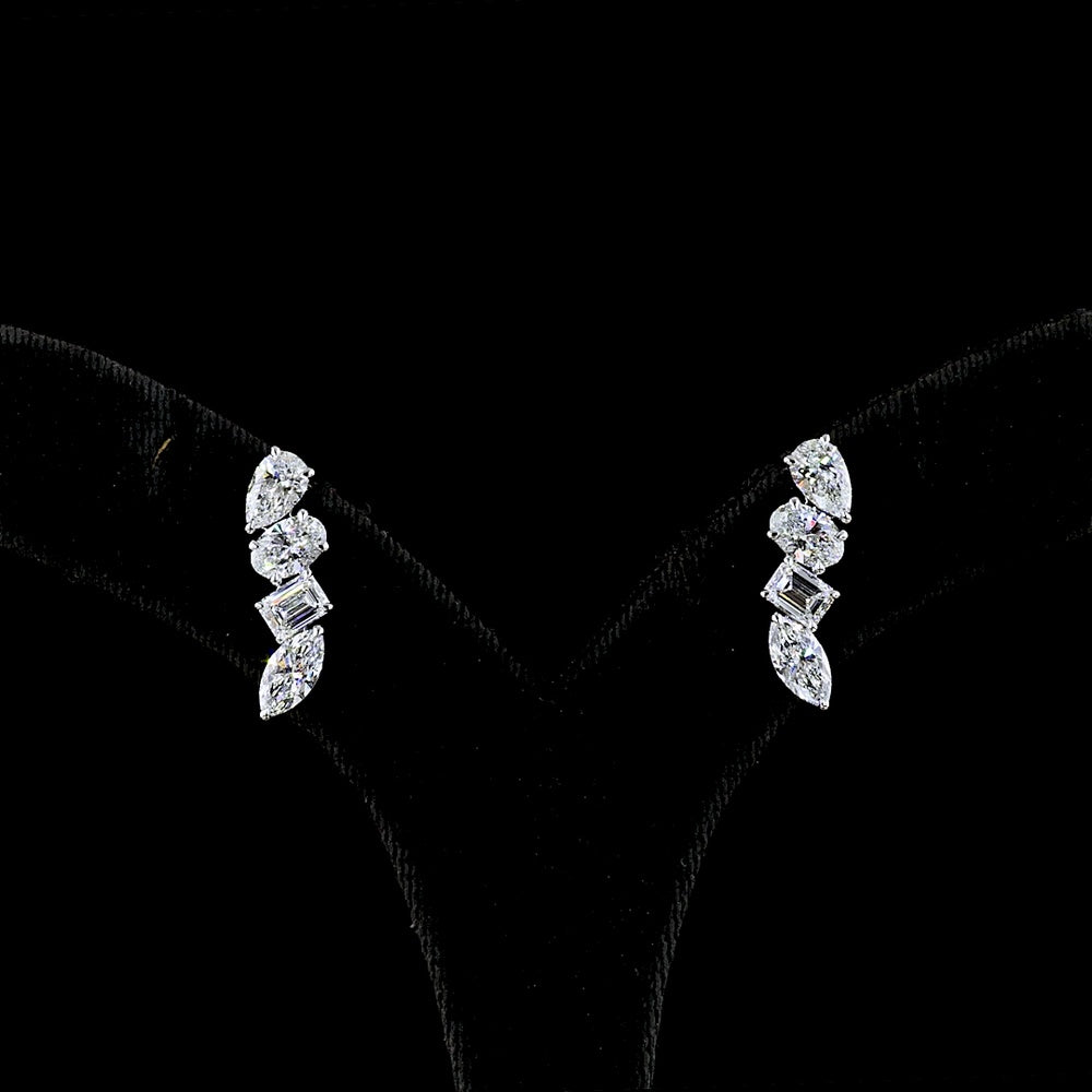 14K White Gold Mixed Shape Diamond Crawler Earrings with Pear, Oval, Rectangular, and Marquise Cut Lab-Grown Diamonds - 4.13 Carat Total Weight - Covaloro Fine Jewelry