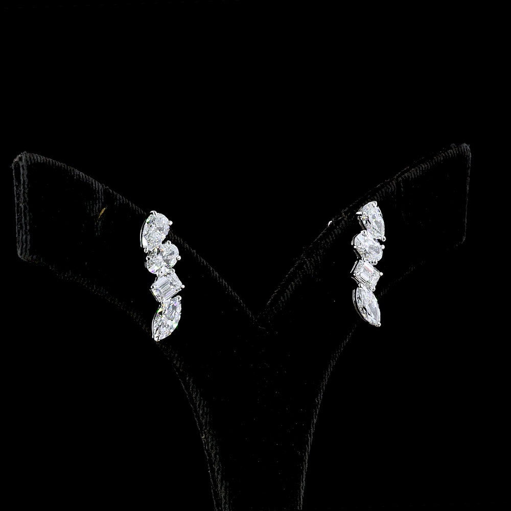 14K White Gold Mixed Shape Diamond Crawler Earrings with Pear, Oval, Rectangular, and Marquise Cut Lab-Grown Diamonds - 4.13 Carat Total Weight - Covaloro Fine Jewelry