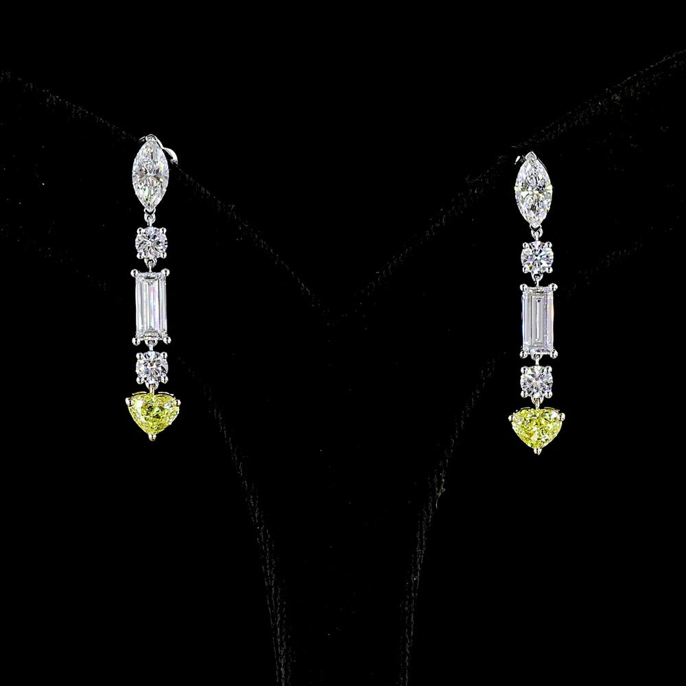 14K White Gold Mixed Shape Drop Earrings with Marquise, Baguette, Round, and Fancy Vivid Yellow Heart Lab Diamonds - 3.65 Carats Total Diamond Weight - Covaloro Fine Jewelry