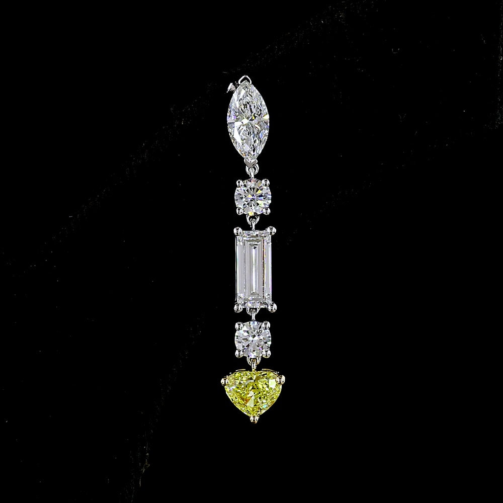 14K White Gold Mixed Shape Drop Earrings with Marquise, Baguette, Round, and Fancy Vivid Yellow Heart Lab Diamonds - 3.65 Carats Total Diamond Weight - Covaloro Fine Jewelry