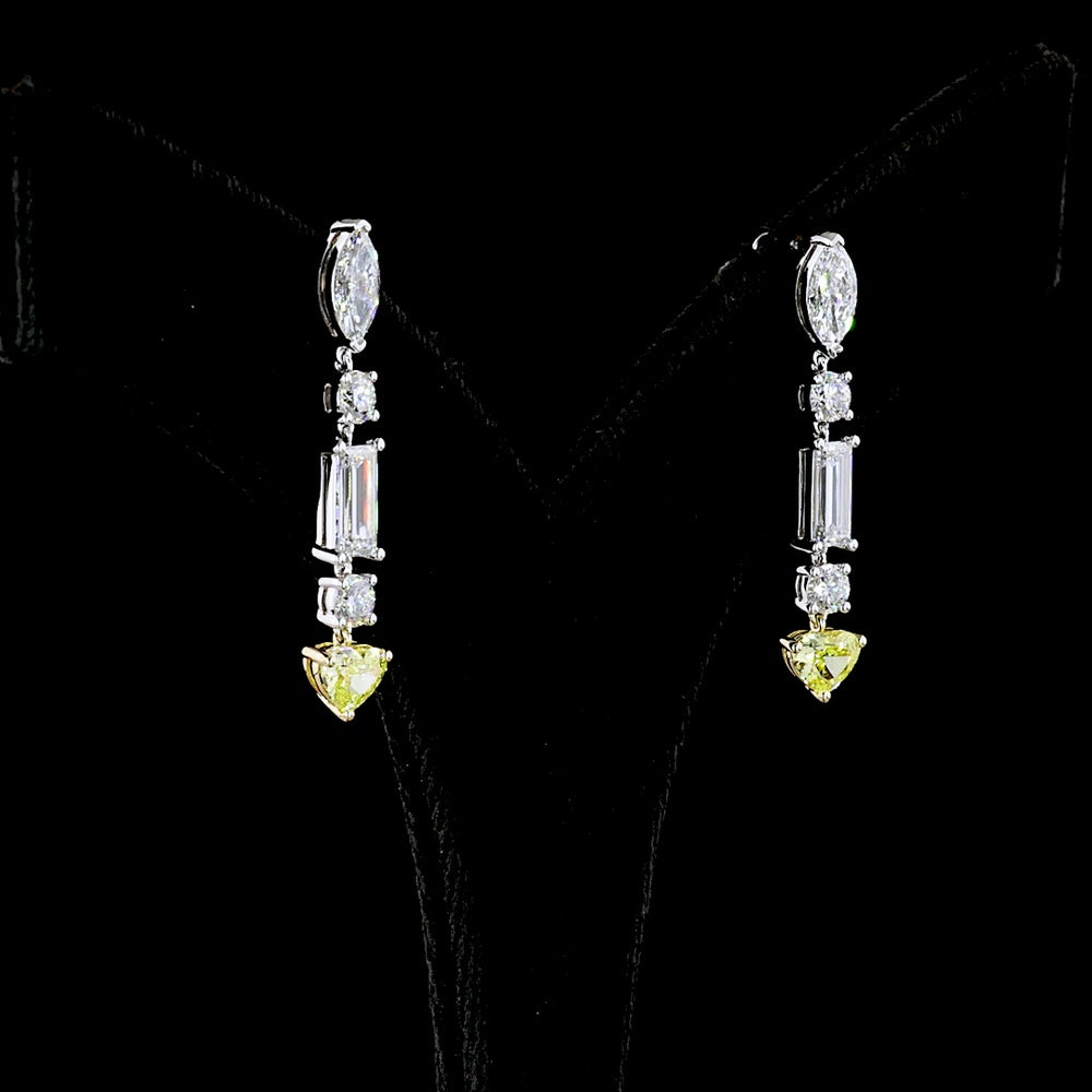 14K White Gold Mixed Shape Drop Earrings with Marquise, Baguette, Round, and Fancy Vivid Yellow Heart Lab Diamonds - 3.65 Carats Total Diamond Weight - Covaloro Fine Jewelry
