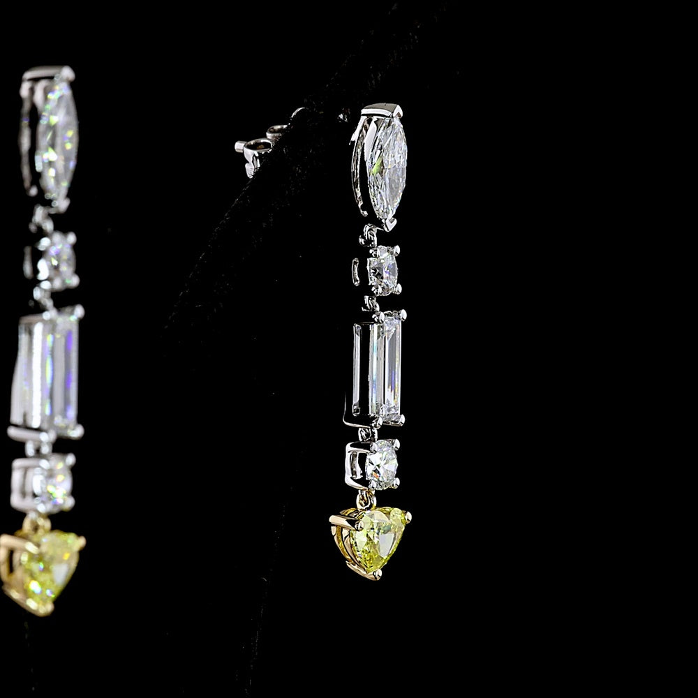 14K White Gold Mixed Shape Drop Earrings with Marquise, Baguette, Round, and Fancy Vivid Yellow Heart Lab Diamonds - 3.65 Carats Total Diamond Weight - Covaloro Fine Jewelry