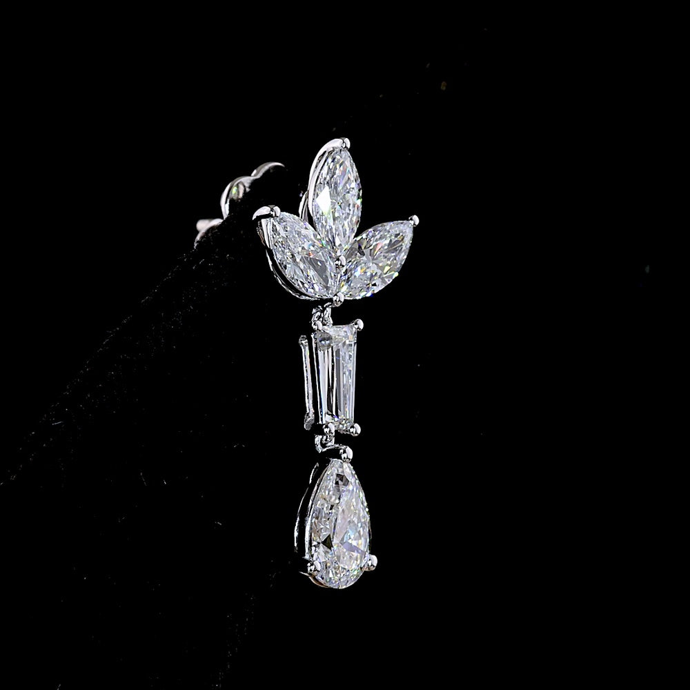 14K White Gold Mixed Shape Drop Earrings with Marquise, Tapered Baguette, and Pear Lab Diamonds - 3.00 Carats Total Diamond Weight - Covaloro Fine Jewelry