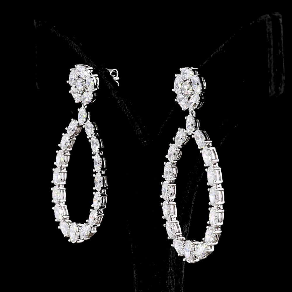14K White Gold Mixed Shape Drop Earrings with Oval and Round Cut Lab Diamonds - 7.14 Carats Total Diamond Weight - Covaloro Fine Jewelry