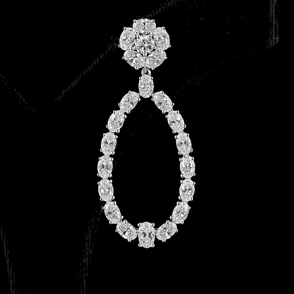 14K White Gold Mixed Shape Drop Earrings with Oval and Round Cut Lab Diamonds - 7.14 Carats Total Diamond Weight - Covaloro Fine Jewelry