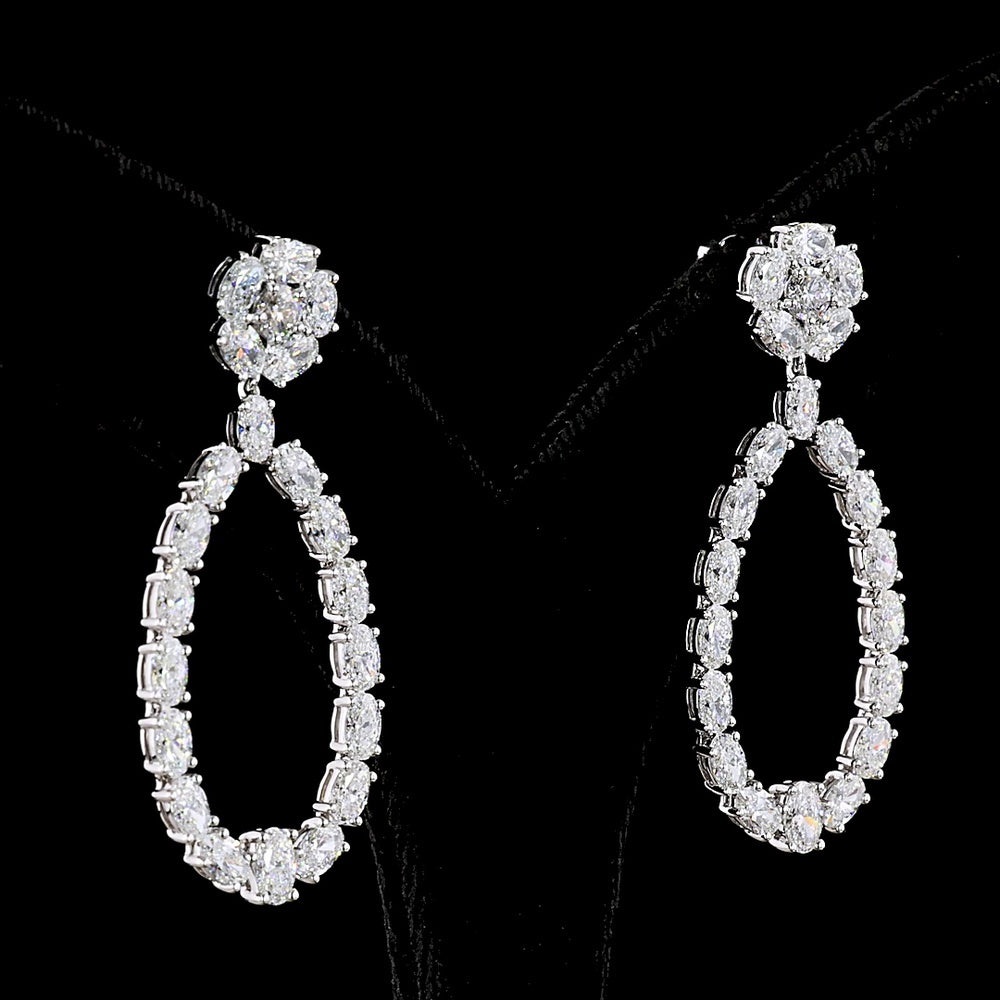 14K White Gold Mixed Shape Drop Earrings with Oval and Round Cut Lab Diamonds - 7.14 Carats Total Diamond Weight - Covaloro Fine Jewelry